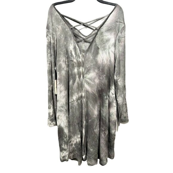 A Beautiful Soul Tie Dye Tunic Dress Dusty Olive Stretch‎ Knit V-Neck L/S NWT - Picture 5 of 12
